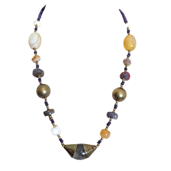 Vintage Brass & Natural Stone Agate Quartz Citrine Bead Necklace Artisan 80’s 90 - Picture 1 of 10